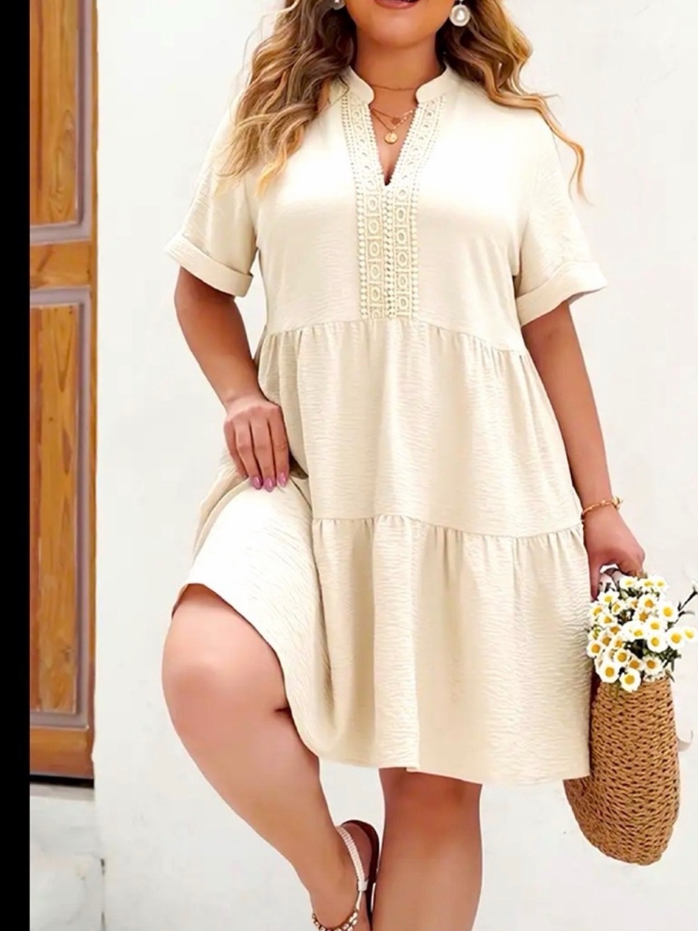 Women's Cream Tiered V-Neck Dress - Picture 4 of 4